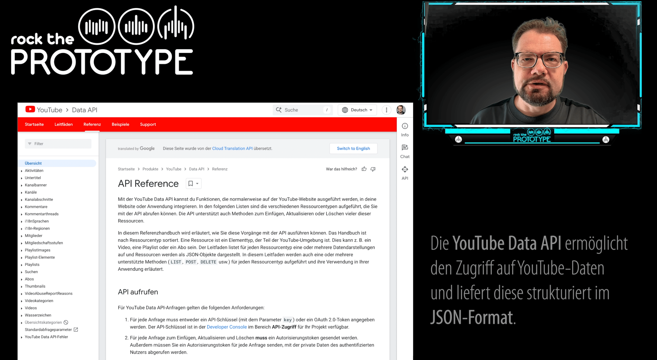 YouTube Data API Reference im Browser mit Hinweis: Zugriff auf YouTube-Daten und Ausgabe als JSON